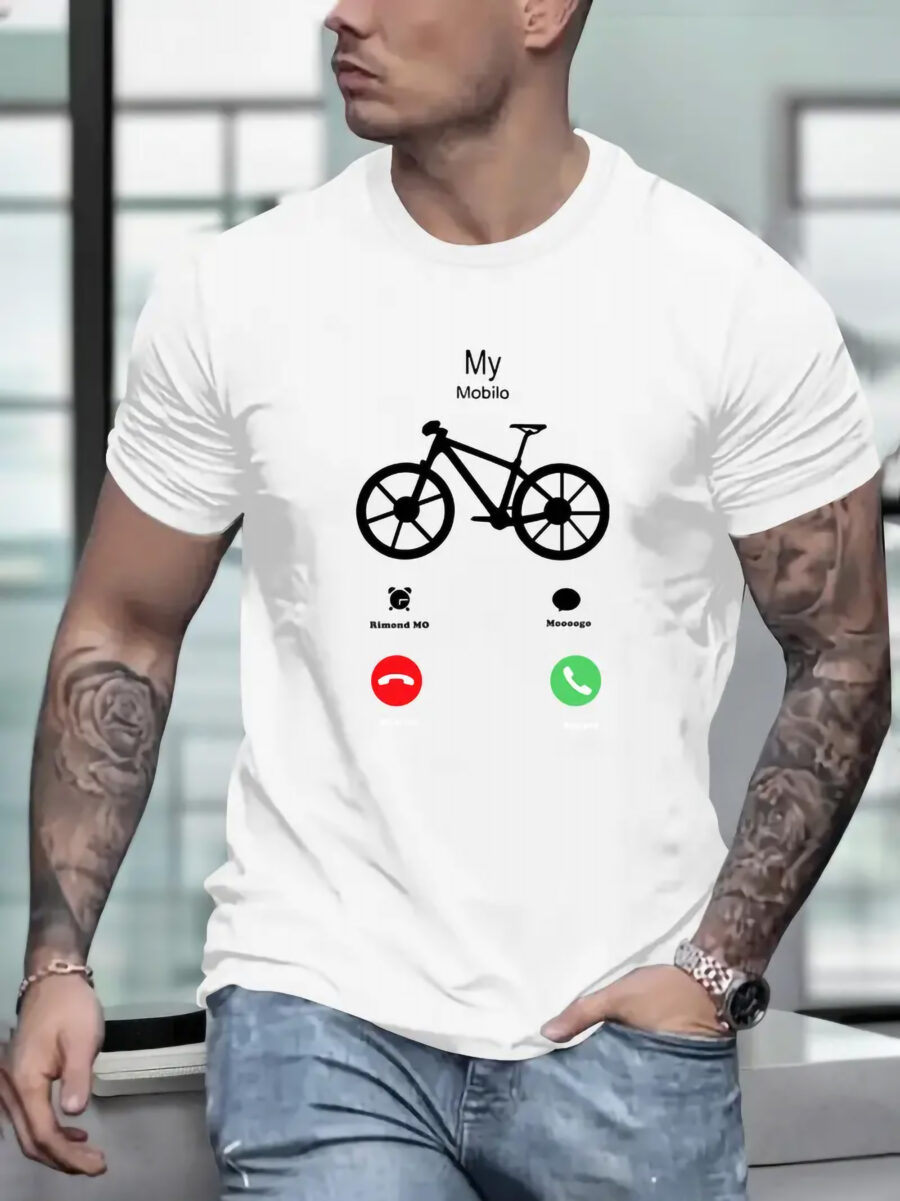 Men's Bike Graphic Print T-shirt, Summer Trendy - Large Size