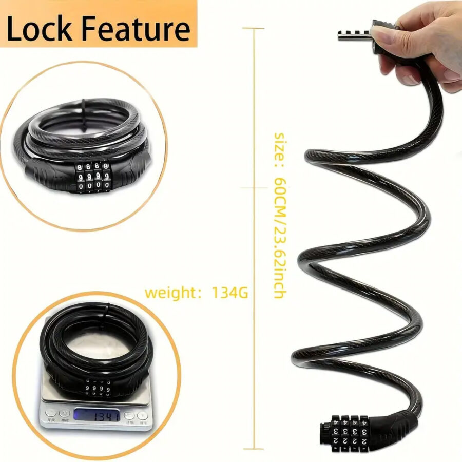 Combination Bicycle Steel Cable Lock, 4-digit 32-inch Long - Image 9