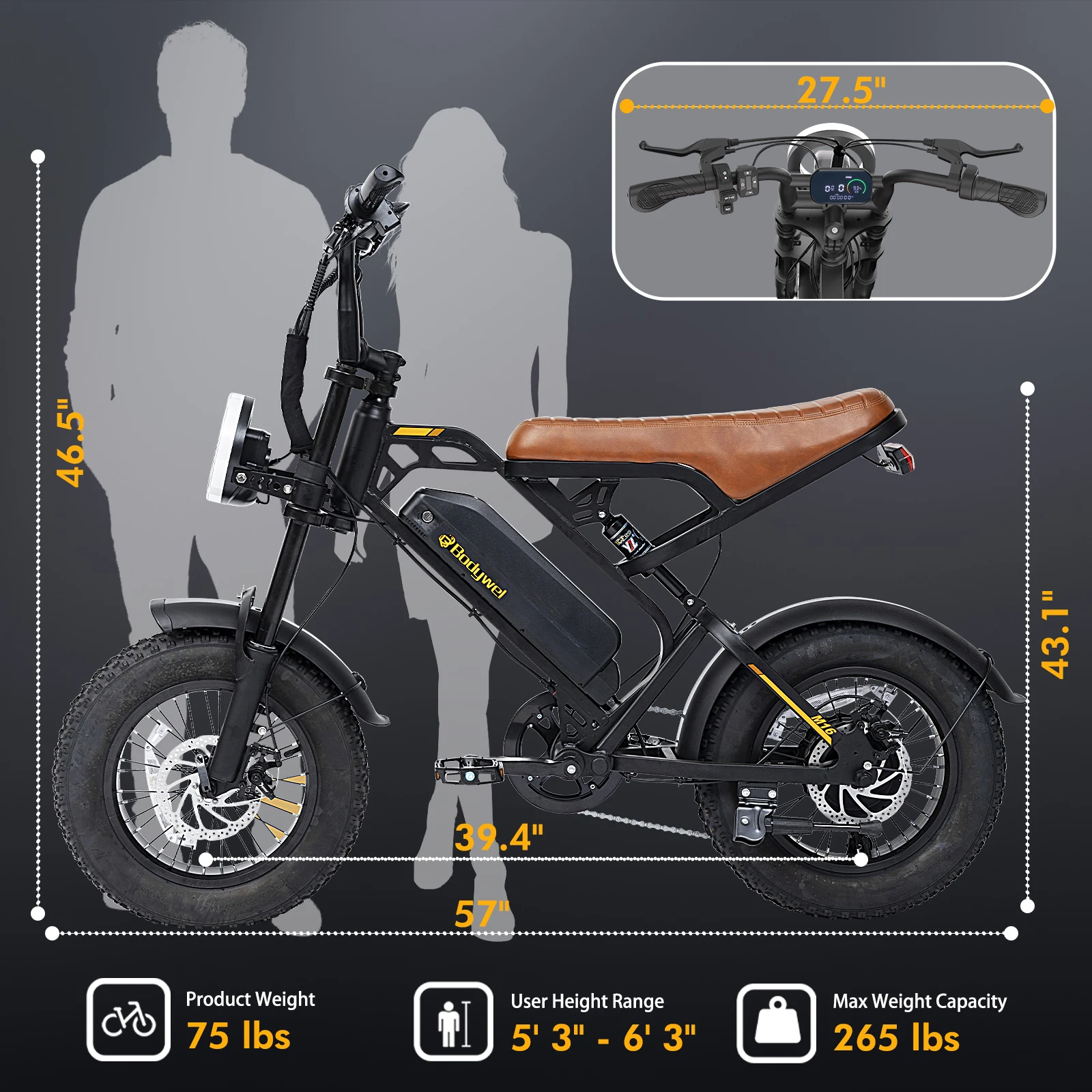 Electric Bike for Adults Bodywel M16 1500W Peak 29 MPH Fat Tire Off-Road E-Bike, 48V 15AH Removable Battery with 60 Mile Range - Image 6